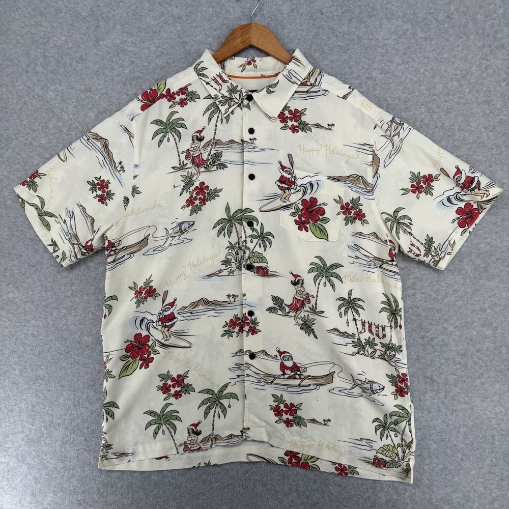 Quiksilver Waterman Mele Kalikimaka Shirt Mens XL Hawaiian Holiday Surfing Santa